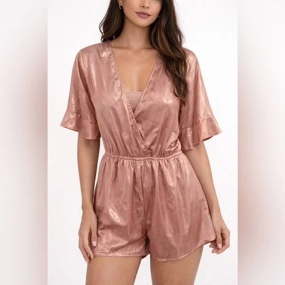 Victorias Secret Rose Gold Satin Wrap Pajama Romper Short Sleeve Small Sleep - Picture 1 of 5